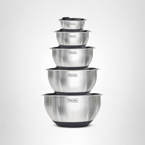Viking Mixing Bowls Set, 10 Piece Stainless Steel Kitchen Cookware, Non-Slip Silicone Base, Includes Tight Fit Lids, Dishwasher Safe, Black - My Kitchen Products