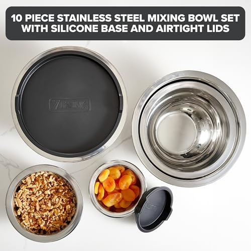 Viking Mixing Bowls Set, 10 Piece Stainless Steel Kitchen Cookware, Non-Slip Silicone Base, Includes Tight Fit Lids, Dishwasher Safe, Black - My Kitchen Products