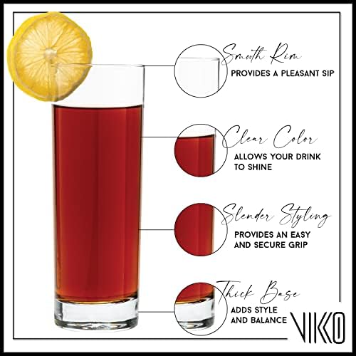 Vikko Highball Glasses with Weighted Base, 10.75 Ounce Drinking Glass, Set of 6 Collins Glasses for Juice, Water, Beverages and Cocktails - My Kitchen Products