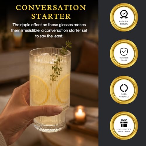 Vintage Art Deco Crystal Highball Ribbed Glass Set of 4 - Ripple, Collins Glassware 14oz Classic Crystal Cocktail Glasses Perfect for Water, Champagne, Beer, Juice, Tom Cocktails - Barware Tumblers - My Kitchen Products