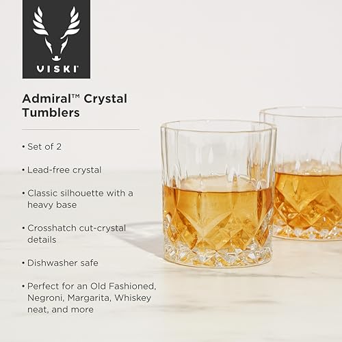 Viski Admiral Crystal Whiskey Tumbler Set of 2 - Premium Crystal Clear Liquor Drinking Glass, Classic Lowball Cocktail Glasses Gift Set, 9 Oz - My Kitchen Products