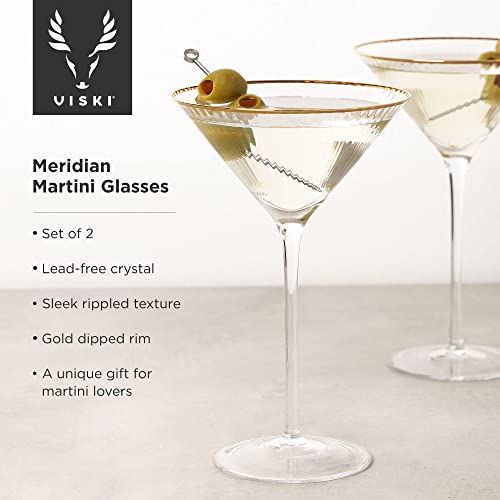Viski Meridian Martini Glasses - Stemmed Fun Cocktail Glasses - Art Deco Ripple Gold Rimmed Crystal Glassware - 7.8oz Set of 2 - My Kitchen Products