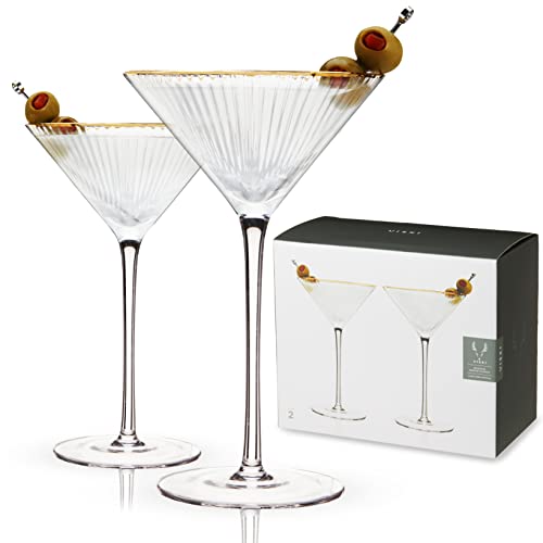 Viski Meridian Martini Glasses, Stemmed Fun Cocktail Glasses, Art Deco Ripple Gold Rimmed Crystal Glassware, 7.8oz Set of