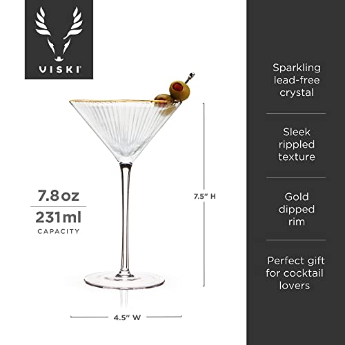 Viski Meridian Martini Glasses - Stemmed Fun Cocktail Glasses - Art Deco Ripple Gold Rimmed Crystal Glassware - 7.8oz Set of 2 - My Kitchen Products