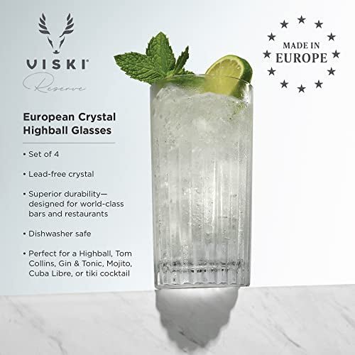 Viski Reserve Milo Crystal Highball Glasses - European Crafted Collins Glasses Set of 4-14oz Cocktail Glass for Wedding or Anniversary and Special Occasions Gift Ideas - My Kitchen Products