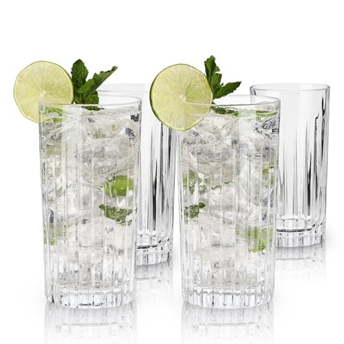 Viski Reserve Milo Crystal Highball Glasses - European Crafted Collins Glasses Set of 4-14oz Cocktail Glass for Wedding or