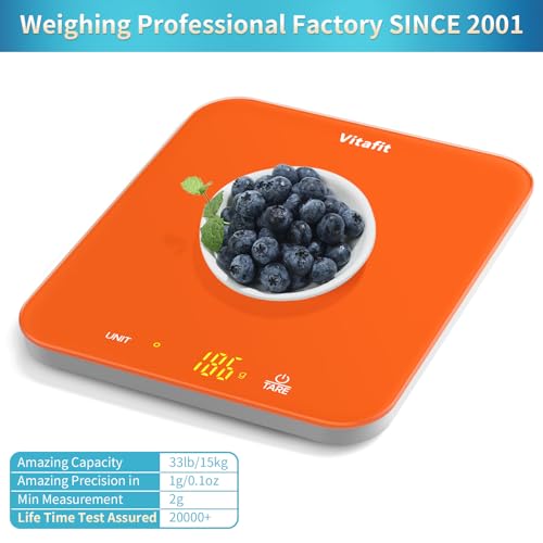 Vitafit 33lb/15kg Digital Food Scale in High Precision 0.1oz/1g, Our Own Kitchen Scale Professional Factory Since 2001, Kitchen Essentials for Cooking & Baking, LED, 3xAAA Battery, Refreshing Orange - My Kitchen Products