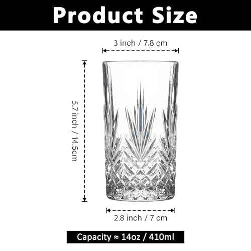 Vitrignis Tall Highball Glasses Set Of 6-14 Ounce Elegant Tom Collins Glasses - Textured Designer Glassware Set For Whiskey,Drinks, Water, Beer, Soda - My Kitchen Products