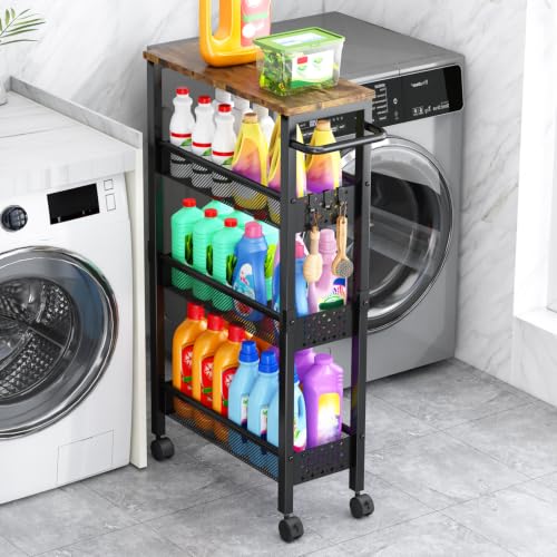 Vivihomety Utility Slim Storage Cart with Wheels, 4 Tier Small Rolling Cart with Wood Top, Metal Kitchen Bathroom Laundry Room Organization Trolley with Handle for Narrow Space – Black - My Kitchen Products