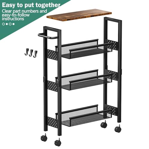 Vivihomety Utility Slim Storage Cart with Wheels, 4 Tier Small Rolling Cart with Wood Top, Metal Kitchen Bathroom Laundry Room Organization Trolley with Handle for Narrow Space – Black - My Kitchen Products