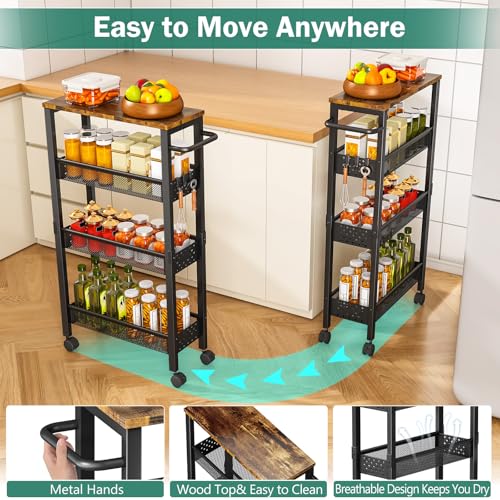 Vivihomety Utility Slim Storage Cart with Wheels, 4 Tier Small Rolling Cart with Wood Top, Metal Kitchen Bathroom Laundry Room Organization Trolley with Handle for Narrow Space – Black - My Kitchen Products