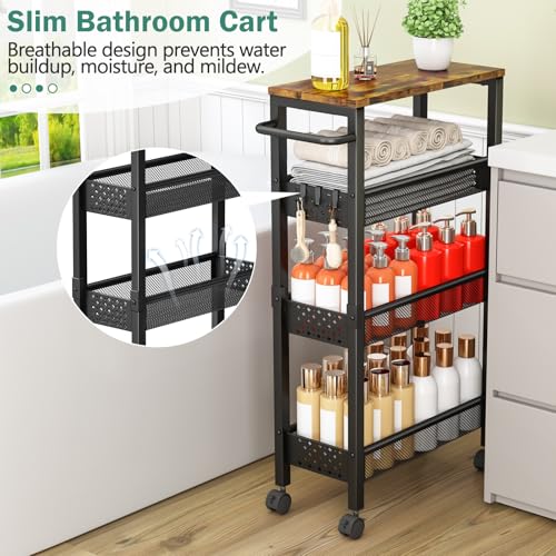 Vivihomety Utility Slim Storage Cart with Wheels, 4 Tier Small Rolling Cart with Wood Top, Metal Kitchen Bathroom Laundry Room Organization Trolley with Handle for Narrow Space – Black - My Kitchen Products