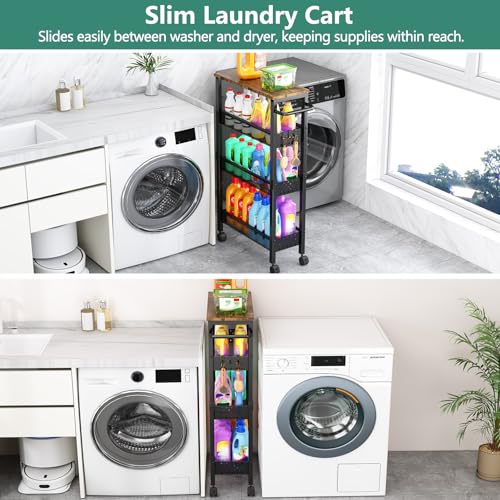 Vivihomety Utility Slim Storage Cart with Wheels, 4 Tier Small Rolling Cart with Wood Top, Metal Kitchen Bathroom Laundry Room Organization Trolley with Handle for Narrow Space – Black - My Kitchen Products