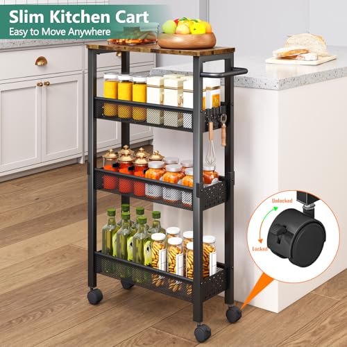 Vivihomety Utility Slim Storage Cart with Wheels, 4 Tier Small Rolling Cart with Wood Top, Metal Kitchen Bathroom Laundry Room Organization Trolley with Handle for Narrow Space – Black - My Kitchen Products