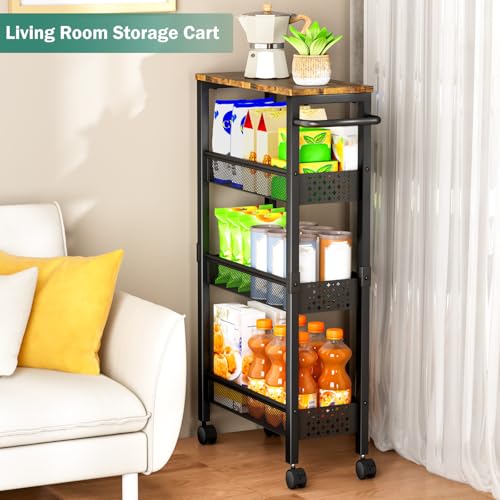 Vivihomety Utility Slim Storage Cart with Wheels, 4 Tier Small Rolling Cart with Wood Top, Metal Kitchen Bathroom Laundry Room Organization Trolley with Handle for Narrow Space – Black - My Kitchen Products