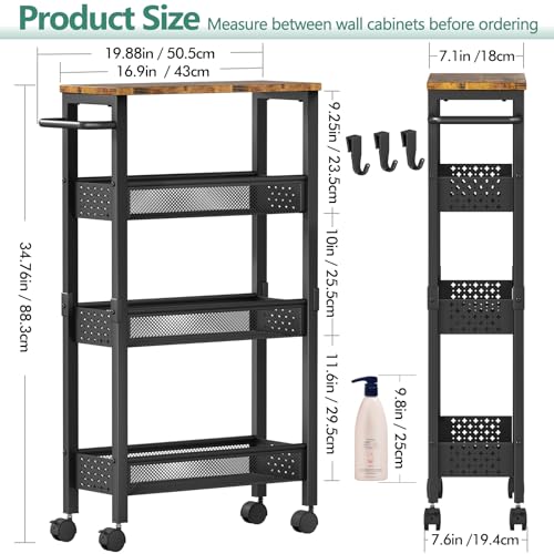 Vivihomety Utility Slim Storage Cart with Wheels, 4 Tier Small Rolling Cart with Wood Top, Metal Kitchen Bathroom Laundry Room Organization Trolley with Handle for Narrow Space – Black - My Kitchen Products