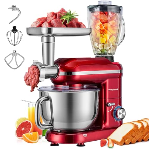 VIVOHOME 3-in-1 Stand Mixer, 6 Quart Electric Tilt-Head Kitchen Mixer with Bowl, Multifunctional Food Mixer with Meat Grinder and Blender Attachments, Dough Hook, Beater, and Whisk, Red - My Kitchen Products