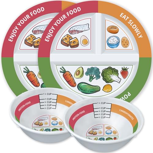 VIYNRAN 4 Pcs Portion Control Plates & Bowls Set (9 Inch), Self-Measuring for Weight Loss, Gastric Bypass, LapBand, Diabetes, & Healthy Diets, Divided Nutrition Plates for Adults & Children - My Kitchen Products