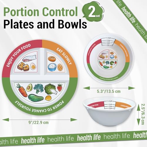 VIYNRAN 4 Pcs Portion Control Plates & Bowls Set (9 Inch), Self-Measuring for Weight Loss, Gastric Bypass, LapBand, Diabetes, & Healthy Diets, Divided Nutrition Plates for Adults & Children - My Kitchen Products