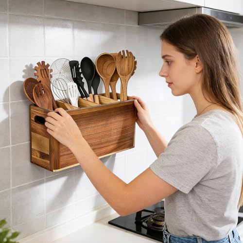 VLXXOI Large 4-Compartment Acacia Wooden Utensil Holder, Rustic Kitchen Counter Organizer, Extra Large Wood Storage Container for Cooking Utensils and Silverware - My Kitchen Products
