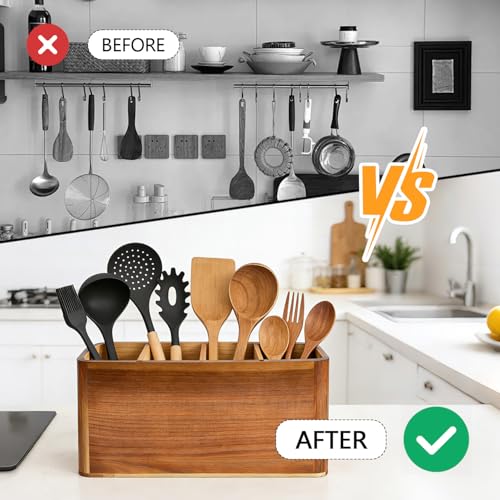 VLXXOI Large 4-Compartment Acacia Wooden Utensil Holder, Rustic Kitchen Counter Organizer, Extra Large Wood Storage Container for Cooking Utensils and Silverware - My Kitchen Products
