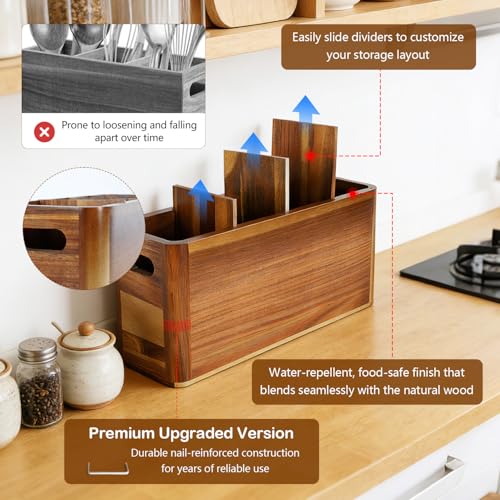 VLXXOI Large 4-Compartment Acacia Wooden Utensil Holder, Rustic Kitchen Counter Organizer, Extra Large Wood Storage Container for Cooking Utensils and Silverware - My Kitchen Products