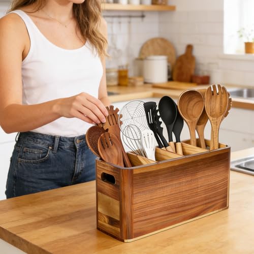 VLXXOI Large 4-Compartment Acacia Wooden Utensil Holder, Rustic Kitchen Counter Organizer, Extra Large Wood Storage Container for Cooking Utensils and Silverware - My Kitchen Products