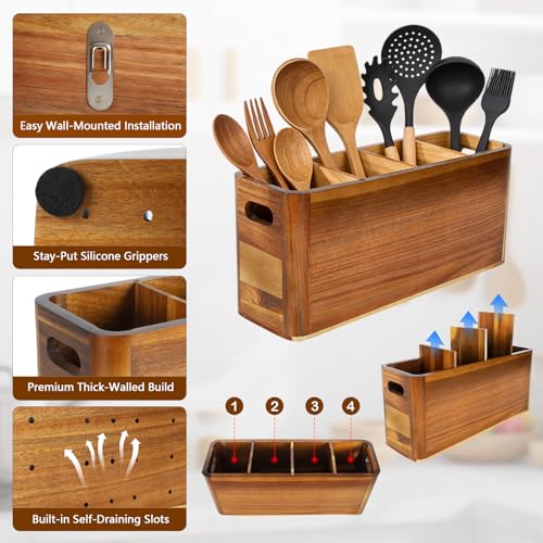 VLXXOI Large 4-Compartment Acacia Wooden Utensil Holder, Rustic Kitchen Counter Organizer, Extra Large Wood Storage Container for Cooking Utensils and Silverware - My Kitchen Products