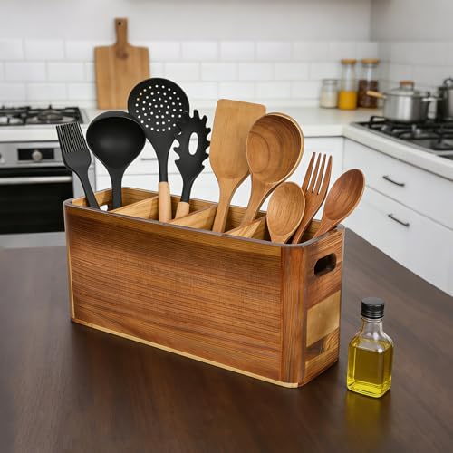 VLXXOI Large 4-Compartment Acacia Wooden Utensil Holder, Rustic Kitchen Counter Organizer, Extra Large Wood Storage Container for Cooking Utensils and Silverware - My Kitchen Products