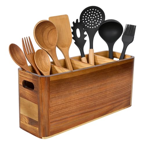 VLXXOI Large 4-Compartment Acacia Wooden Utensil Holder, Rustic Kitchen Counter