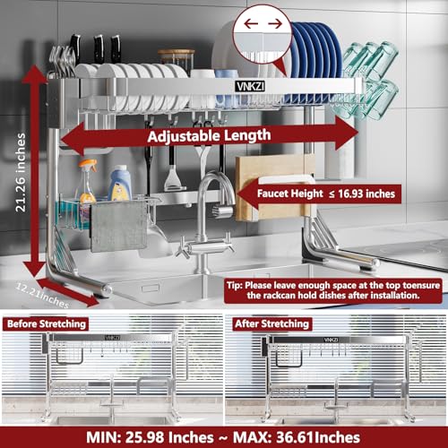 VNKZI Over Sink Dish Drying Rack, 2 Tier Full Stainless Steel Storage Adjustable Length (25.98'' to 36.61'') Kitchen Rack, Multifunctional Expandable Counter Organizer, Space Saver Dish Rack - My Kitchen Products