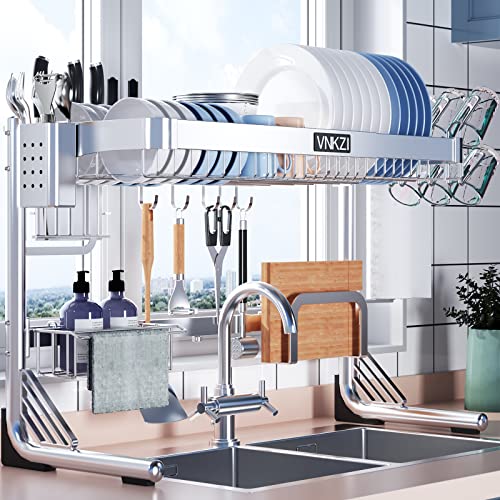VNKZI Over Sink Dish Drying Rack, 2 Tier Full Stainless Steel Storage Adjustable Length (25.98'' to 36.61'') Kitchen Rack, Multifunctional Expandable Counter Organizer, Space Saver Dish Rack - My Kitchen Products