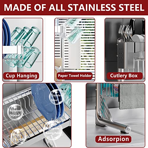 VNKZI Over Sink Dish Drying Rack, 2 Tier Full Stainless Steel Storage Adjustable Length (25.98'' to 36.61'') Kitchen Rack, Multifunctional Expandable Counter Organizer, Space Saver Dish Rack - My Kitchen Products