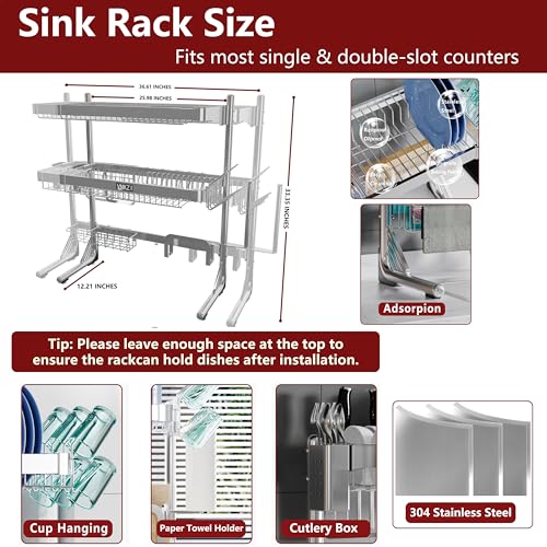 VNKZI Over Sink Dish Drying Rack, 3 Tier Full Stainless Steel Storage Adjustable Length (25.98'' to 36.61'') Kitchen Rack, Multifunctional Expandable Counter Organizer, Space Saver Dish Rack - My Kitchen Products