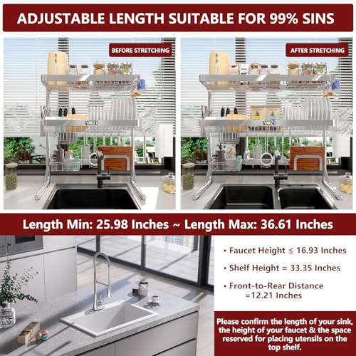 VNKZI Over Sink Dish Drying Rack, 3 Tier Full Stainless Steel Storage Adjustable Length (25.98'' to 36.61'') Kitchen Rack, Multifunctional Expandable Counter Organizer, Space Saver Dish Rack - My Kitchen Products