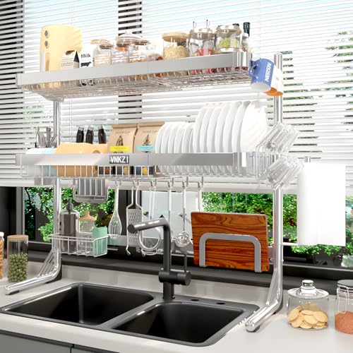 VNKZI Over Sink Dish Drying Rack, 3 Tier Full Stainless Steel Storage Adjustable Length (25.98'' to 36.61'') Kitchen Rack, Multifunctional Expandable Counter Organizer, Space Saver Dish Rack - My Kitchen Products