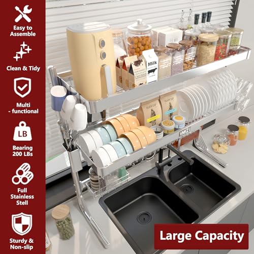 VNKZI Over Sink Dish Drying Rack, 3 Tier Full Stainless Steel Storage Adjustable Length (25.98'' to 36.61'') Kitchen Rack, Multifunctional Expandable Counter Organizer, Space Saver Dish Rack - My Kitchen Products