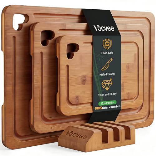 Vocvee Bamboo Cutting Boards for Kitchen(Set of 3), Wood Cutting Board with Wood Storage Stand, Charcuterie & Chopping Board for Vegetables and Meat, with Deep Juice Groove, Ideal Kitchen Gifts - My Kitchen Products