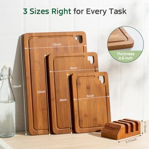 Vocvee Bamboo Cutting Boards for Kitchen(Set of 3), Wood Cutting Board with Wood Storage Stand, Charcuterie & Chopping Board for Vegetables and Meat, with Deep Juice Groove, Ideal Kitchen Gifts - My Kitchen Products