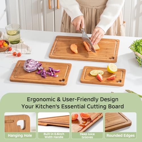 Vocvee Bamboo Cutting Boards for Kitchen(Set of 3), Wood Cutting Board with Wood Storage Stand, Charcuterie & Chopping Board for Vegetables and Meat, with Deep Juice Groove, Ideal Kitchen Gifts - My Kitchen Products