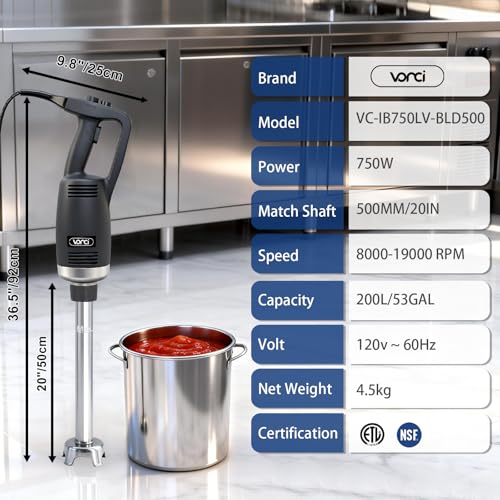 VONCI 750W Commercial Immersion Blender, Extra Heavy Duty Hand Blender with Variable Speed 8000-19000RPM, Handheld Stick Mixer with 20" SUS 304 Shaft, Commercial Emulsifier for Restaurant Kitchen. - My Kitchen Products