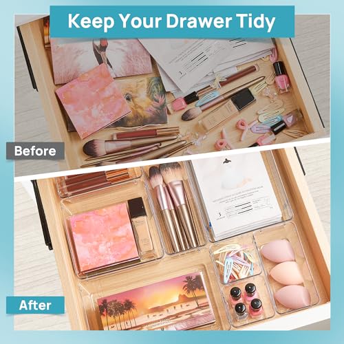 Vtopmart 25 PCS Clear Plastic Drawer Organizers Set, 4-Size Versatile Bathroom and Vanity Drawer Organizer Trays, Storage Bins for Makeup, Bedroom, Kitchen Gadgets Utensils and Office - My Kitchen Products