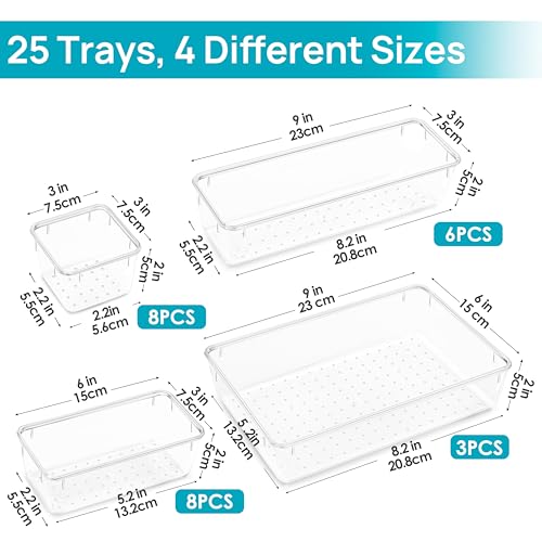 Vtopmart 25 PCS Clear Plastic Drawer Organizers Set, 4-Size Versatile Bathroom and Vanity Drawer Organizer Trays, Storage Bins for Makeup, Bedroom, Kitchen Gadgets Utensils and Office - My Kitchen Products