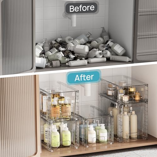 Vtopmart 3 Pack Clear Stackable Storage Drawers,Easy to Assemble Bathroom Organizers and Storage with handles,Plastic Drawers for Kitchen Pantry,Cabinet,Under Sink Organization - My Kitchen Products