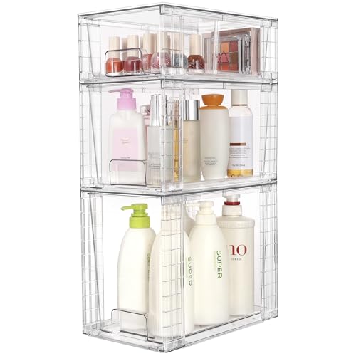 Vtopmart 3 Pack Clear Stackable Storage Drawers,Easy to Assemble Bathroom Organizers and Storage with handles,Plastic Drawers for Kitchen Pantry,Cabinet,Under Sink Organization - My Kitchen Products