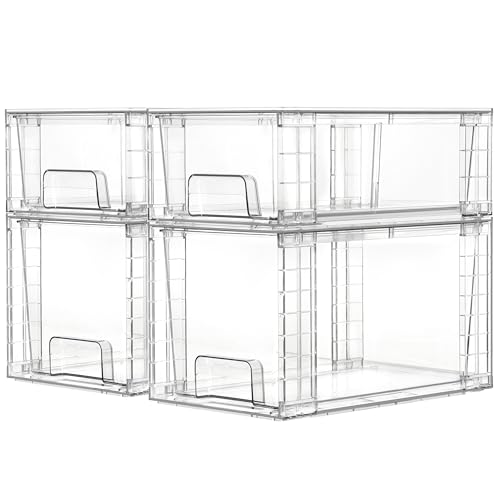 Vtopmart 4 Pack Clear Stackable Storage Drawers,Under Sink and Kitchen Organizers Storage,Easy to Assemble Plastic Drawers