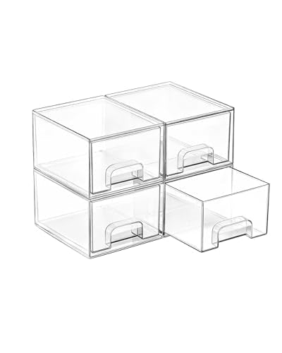 Vtopmart 4 Pack Small Clear Stackable Storage Drawers,Acrylic Bathroom Makeup Organizer,Plastic Storage Bins for Vanity