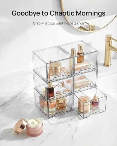 Vtopmart 4 Pack Small Clear Stackable Storage Drawers,Acrylic Bathroom Makeup Organizer,Plastic Storage Bins for Vanity, Undersink, Kitchen Cabinets, Pantry, Home Organization - My Kitchen Products