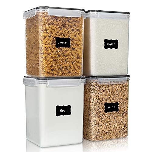 Vtopmart 4 PCS Large Food Storage Containers 5.2L / 175oz, 4 Pieces BPA Free Plastic Airtight Canisters for Flour, Sugar, Baking Supplies, Rice with Lids, 4 Measuring Cups and 24 Labels, Black - My Kitchen Products