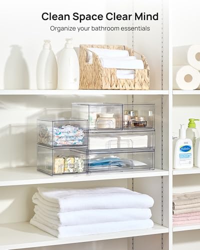 Vtopmart Stackable Storage Drawers Set of 6, Clear Plastic Organizer Bins for Bathroom Supplies, Ideal for Cabinet,Shelf, Pantry, Laundry Room Organization - My Kitchen Products
